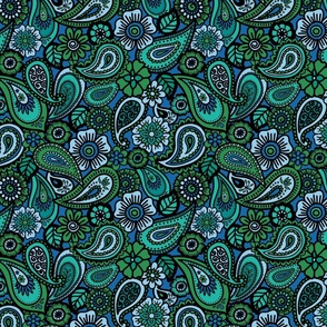 Retro Green On Blue Paisley - (Small)