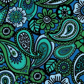 Retro Green On Blue Paisley -  (Large)