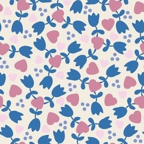Ditsy Country Tulip + Heart Floral in Cream + Dusty Blue