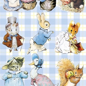 Peter Rabbit and friends on blue gingham background