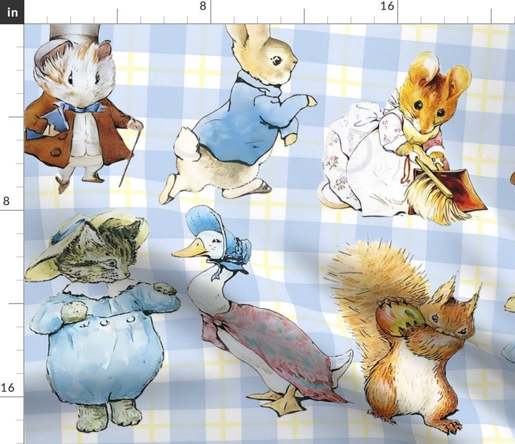 Peter Rabbit and friends on blue gingham background