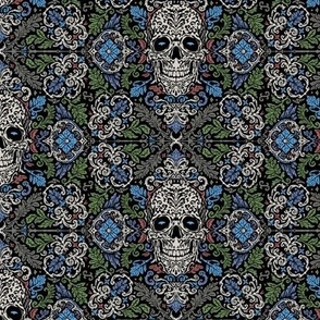 Baroque Skull Flourish Damask - in High Contrast Blue and Green on Black