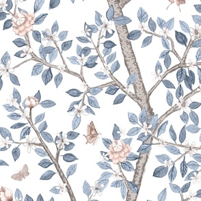 Custom Terracotta and  Soft Navy Blue on White CLIMBING CITRUS GROVE with Peonies copy 2