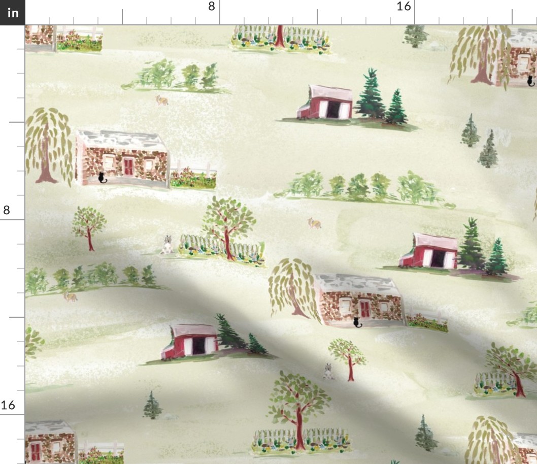 Homestead 1975,  Watercolor Scene, Willow tree, red barn, cobblestone house
