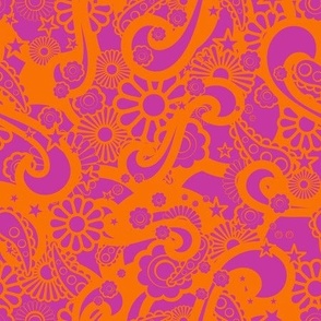 Vintage 1970s Psychedelic Paisley Floral Swirl, Viva Magenta & Vibrant Orange