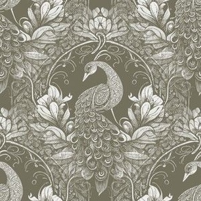 Victorian Peacock Woodcut Collage in Regency Sage - Coordinate