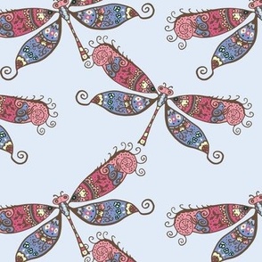 Paisley Dragonflies in Raspberry and Blue