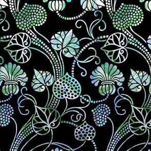 Art Nouveau Shimmering Turquoise Floral Vines on Black