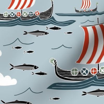 Nordic viking ships sea voyage // Scandinavian hand drawn boats and fish // medium