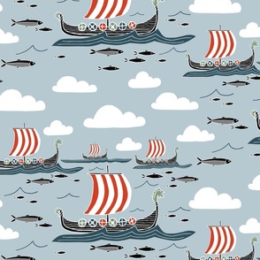 Nordic viking ships sea voyage // Scandinavian hand drawn boats and fish // medium