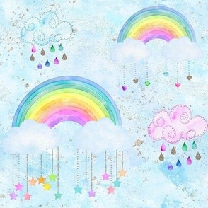 New Bright Rainbows aqua Star and Hearts Clouds