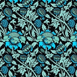 1871 "Wey" by William Morris - Turquoise and Mint Multi on Black