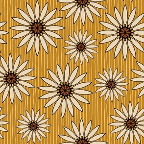 Cream Daisies on Striped Gold Background