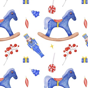 Watercolor rocking horse and Nutcracker on a white background.