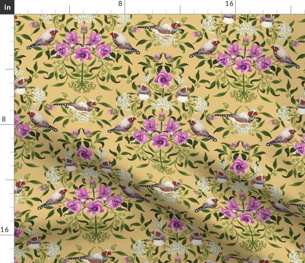Australia desert rose and zebra finches decorative damask, colorful and intricate on wheat gold