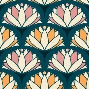 1920s-Art-Noveau-Water-Lily---XS---DARK-BLUE--soft-orange-pink---TINY---450