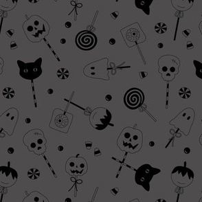 Halloween sweets and candy - ghosts cats zombies and pumpkins for fright night cutesy kawaii style lollipop  black on charcoal 
