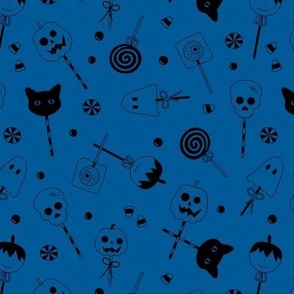 Halloween sweets and candy - ghosts cats zombies and pumpkins for fright night cutesy kawaii style lollipop  black on classic blue 