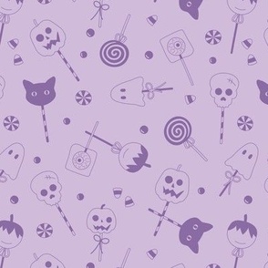 Halloween sweets and candy - ghosts cats zombies and pumpkins for fright night cutesy kawaii style lollipop lilac purple 