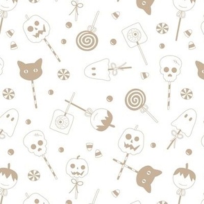 Halloween sweets and candy - ghosts cats zombies and pumpkins for fright night cutesy kawaii style lollipop latte beige on white 