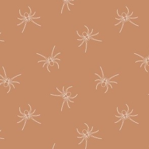 Spooky white spiders - Minimalist boho halloween design black freehand drawing on caramel burnt orange 