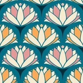 1920s-Art-Noveau-Water-Lily---XS---MEDIUM-BLUE-soft-orange-pink---TINY---450