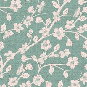 Cherry blooms  Light Teal [big scale - 10.5-inch fabric, 24-inch wallpaper repeat]