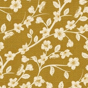 Cherry blooms Mustard [big scale - 10.5-inch fabric, 24-inch wallpaper repeat]