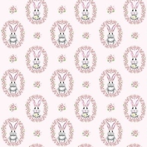 Cute bunnies in a wreath of cherry blossoms, small scale