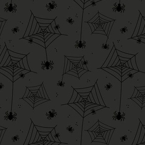 Cutesy spiders - creepy halloween spider webs black on charcoal gray 