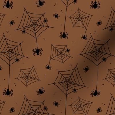Cutesy spiders - creepy halloween spider webs black on rust brown 