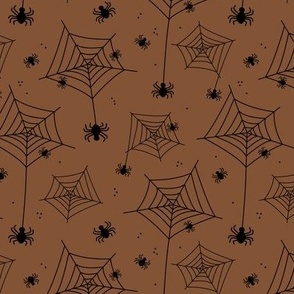 Cutesy spiders - creepy halloween spider webs black on rust brown 