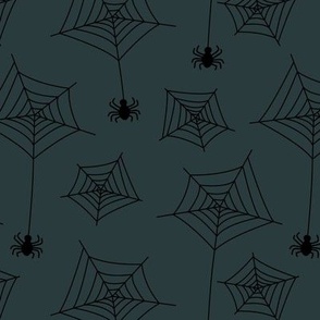 Boho minimalist spiders - creepy halloween spider webs black on deep blue green 