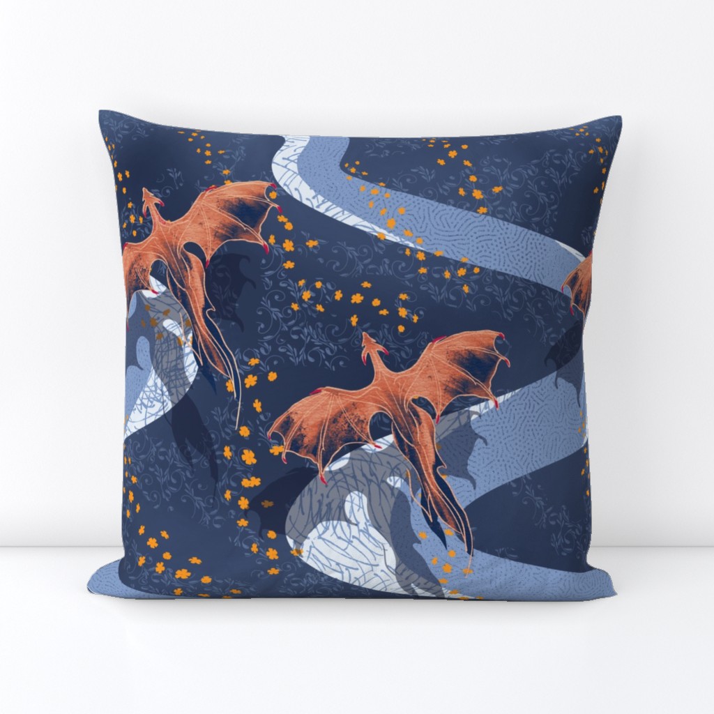 mystical flying dragons over a landscape of meandering rivers dark blue - medium scale