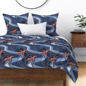 mystical flying dragons over a landscape of meandering rivers dark blue - medium scale