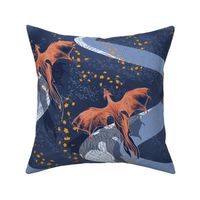 mystical flying dragons over a landscape of meandering rivers dark blue - medium scale