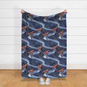 mystical flying dragons over a landscape of meandering rivers dark blue - medium scale