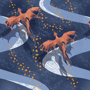 mystical flying dragons over a landscape of meandering rivers dark blue - medium scale