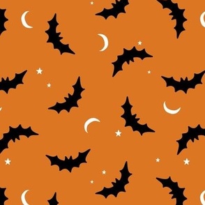 Bats & Stars - Halloween moon and night creatures design black white on orange 