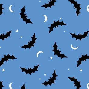 Bats & Stars - Halloween moon and night creatures design black white on blue 