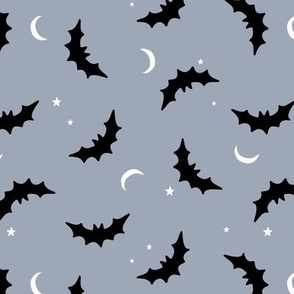 Bats & Stars - Halloween moon and night creatures design black white on cool gray 