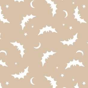 Bats & Stars - Halloween moon and night creatures design black white on beige  