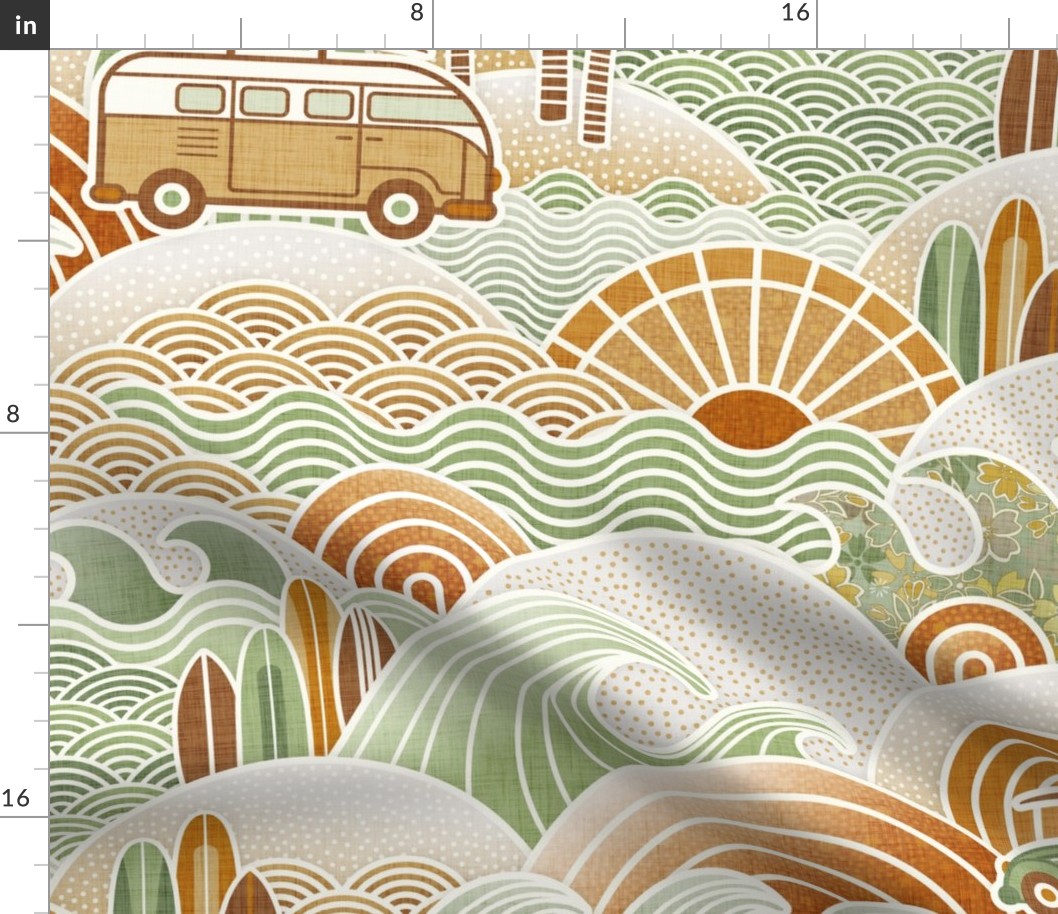 California Dreaming-  Sea_ Sun and Surf- Vintage Colors- Green and Gold- Vintage Cars- Camping Van- Beetle- California- Bohemian Summer Beach- Boho Sea Waves- Earth Tones Wallpaper- Extra Large