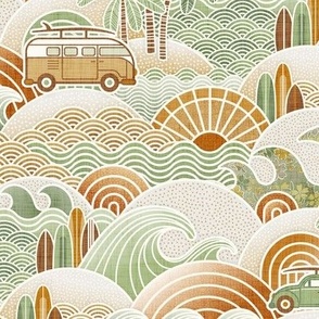 California Dreaming-  Sea_ Sun and Surf- Vintage Colors- Green and Gold- Vintage Cars- Camping Van- Beetle- California- Bohemian Summer Beach- Boho Sea Waves- Earth Tones Wallpaper- Small