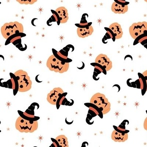New moon & stars pumpkins and witches hat halloween boho design kids neutral vintage orange black on white tossed