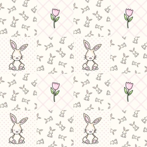 Bigger Scale Patchwork 6" Squares Baby Bunnies and Pink Tulips on Antique White for Cheater Quilt or Blanket