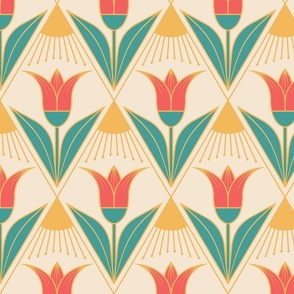 1920s Art Deco Tulips in Cream, Coral Green and Gold, Vintage Geometric Floral Luxury Pattern MEDIUM