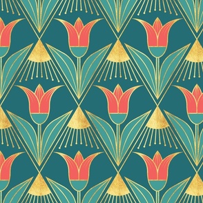 1920s Art Deco Tulips in Teal, Coral and Gold Texture, Vintage Geometric Floral Luxury Pattern