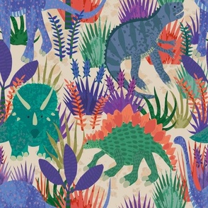 Visiting the dinosaurs! - A colorful busy design with a hawaiian shirt feel, featuring a Stegosaurus, T-Rex, Triceratops and a barosaurus surrounded by lots of  plants.