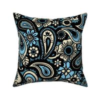 Cream and Blue Paisley on a Teal Background (Large)